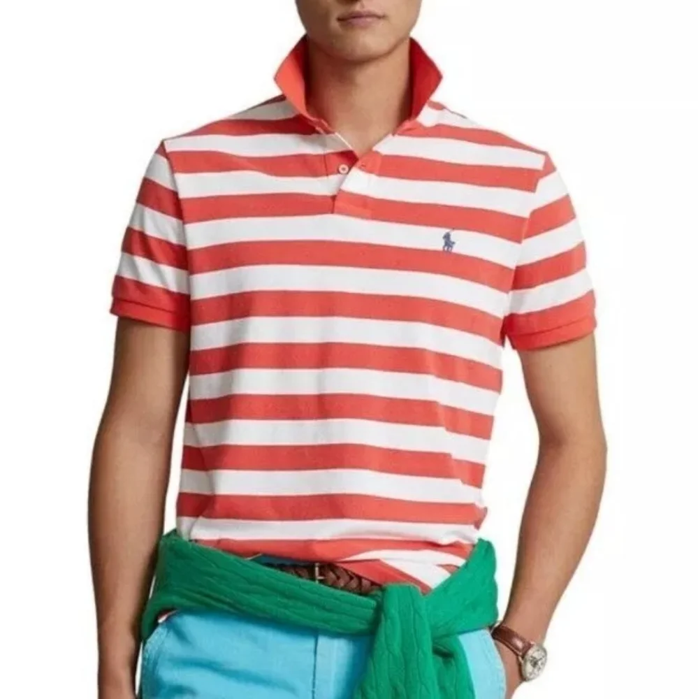 Polo Ralph Lauren Men Classic Fit Red & White Bold Striped Mesh Polo Shi…
